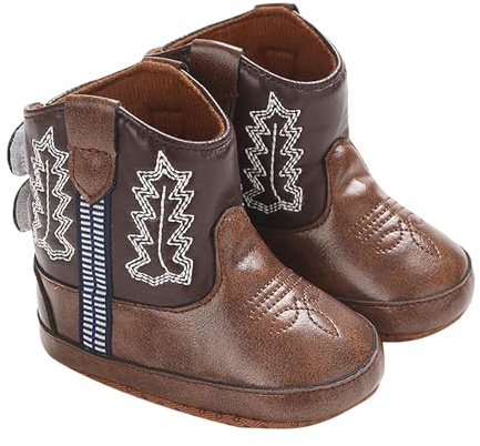 Bottes d'apprentissage de la marche - Bottes de cowboy - Semelle souple - Antidérapantes - Pour bébé fille et garçon - Spirale, café, 19 EU