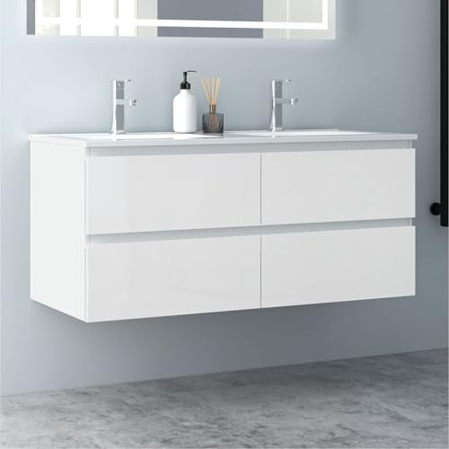 Biubiubath Badezimmermöbel 120cm Keramik Waschtisch mit Unterschrank Badmöbel Set Badezimmerschränke mit 2 Soft-Close Schubladen Hochglanz Weiß