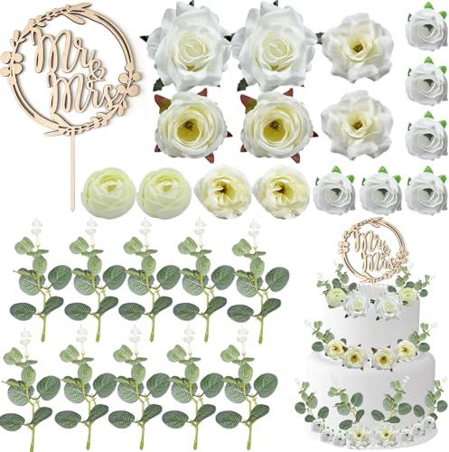 27 Stück Cake Topper Hochzeit Holz Tortendeko, Deko Hochzeitstorte Set mit Mr & Mrs Topper, Künstlichen Rosen & Geldgras – Elegante Tortenaufsätze für Hochzeiten & Feiern