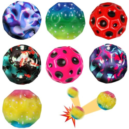 7 PCS Spaceballs, Large Bouncy Balls High Bouncing Space Ball Hand Eye Coordination Training Ultra High Bouncy, Mixed Color, Extreme Bounce and Fun Indoor Outdoor Party Gift (Random Color) Age 15+