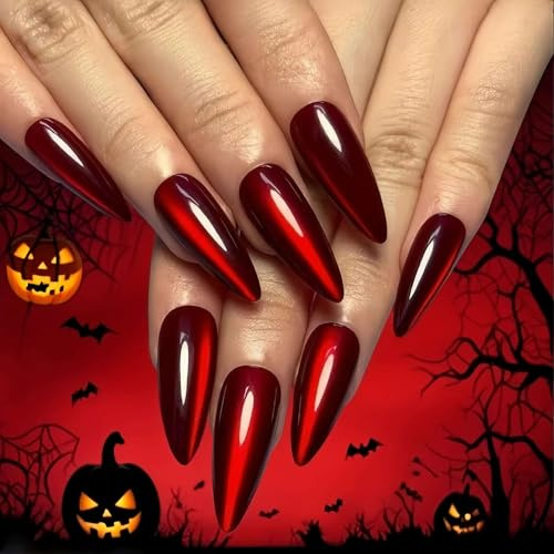 Halloween Press on Nails - 30Pcs Long Almond Fake Nails - Dark Red Cat Eye False Nails for Women & Girls - Removable Acrylic Nails for DIY - Long Lasting Firm & Easy to Fit & Health Harmless