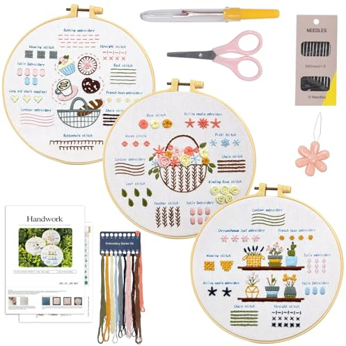Sugfews Anfänger Sticken Set,Stickset für Erwachsene,Grundlegendes Stickset,Blumenmuster Pflanzen Sticken Set,mit Nadel, Faden, Stickrahmen und andere Werkzeuge für DIY Kunst