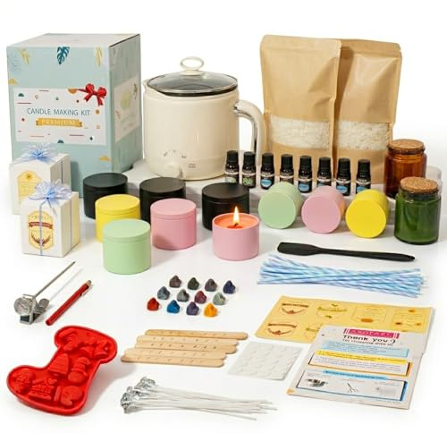 Julwshiper Kerzen Selber Machen Set für Erwachsene, DIY Kerzenherstellung Kit, Duftkerze Geschenke Set mit wachsschmelzer, 1500g Sojawachs, 11 Wachsgläser, 8 ätherische Öle und 12 Farbstoffe