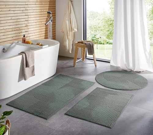 Taracarpet Badematte Homestyle rutschfest waschbar Badezimmerteppich Bad-Vorleger, WC Deko, Duschvorleger für Dusche und Badewannen sehr weich und kombinierbar Grün Wellen 060x120 cm