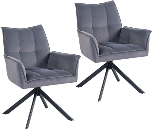 HOMCOM Juego de 2 Sillas de Comedor Giratorias 360°, Sillas de Cocina con Reposabrazos, Respaldo Acolchado, Tapizado en Terciopelo, Patas de Acero, para Oficina, Conferencia, Sala de Estar, Gris