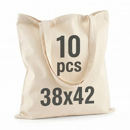 Idea Home Juego de 10 Bolsas de Algodón Bremen (38 x 42 cm) - Bolsa de Yute sin Imprimir - Robusta Bolsa de la Compra - Reutilizable - Colores Naturales
