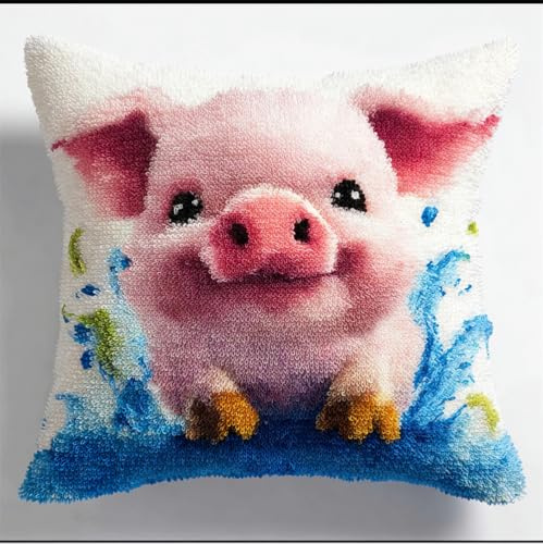 Henypt Latch Hook Cushion Kits for Adults, Cute Pig Latch Hook Pillow Case Kits Embroidery Kits 17X17Inch, DIY Needlework Pillow Cover Sofa Cushion Rug Making Kits, DIY Craft Kits 43X43 Cm - Pillow