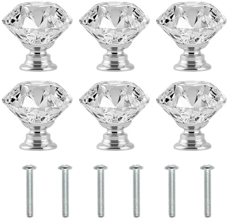XMDROU Crystal Door Knobs, 6 Pcs Crystal Glass Cabinet Door Knobs, 30mm Diamond Shaped Cabinet Knobss Silvery Glass Drawer Cabinets Pulls with Screws for Wardrobes Drawers Bathroom Cabinets