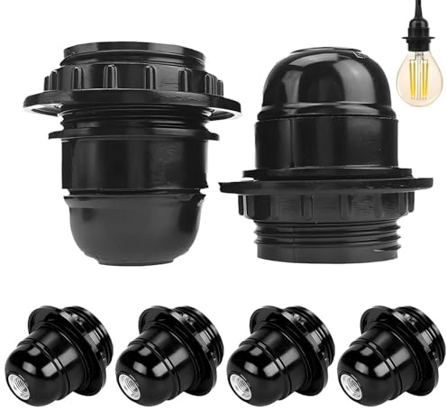 6 Pcs Edison Screw ES Bakelite Lamp Holder, E27 Lampholder in Black Bakelite with Shade Ring, Edison Screw Bulb Holder, with 10mm Threaded Entry & Shade Ring, for Table, Ceiling, Pendant Light Fitting