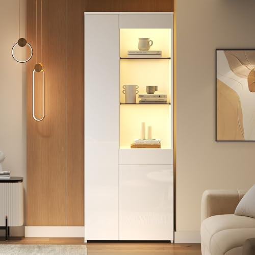 BTM 70x35x180cm Vitrine mit Schubladen, Hochglanz, Glasvitrine mit LED-Beleuchtung, Hochschrank, Highboard Mit Schrank, Trennwandlagerung, empfohlene Tragkraft 45kg