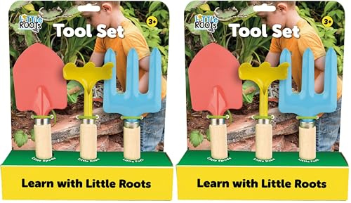 Little Roots | 3 Piece Tool Set, Childrens Gardening Tools, Hand Trowel, Fork and Rake, Outdoor Gardening Tools for Ages 3+ (Pack of 2)