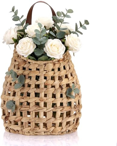 IGNPION Woven Wall Hanging Basket, Front Door Decor Planter Baskets, Boho Hanging Mail Holder with PU Leather Handle, Water Hyacinth Entryway Indoor Wall Organiser (No plants included)