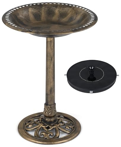 COSTWAY Bain d'oiseaux avec Fontaine Solaire, Mangeoire Oiseaux Extérieur sur Pied avec Panneau Solaire Indépendant 6 Buses 3 Piquets de Sol, Style Vintage pour Jardin Patio (Bronze)
