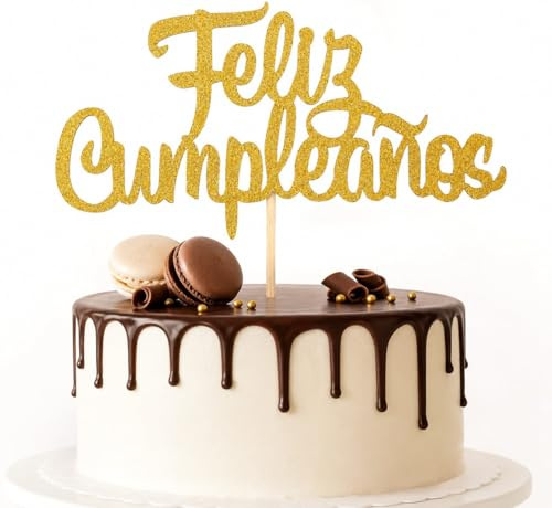Gemejutor Topper Feliz Cumpleaños para Tarta 1 Pieza, Decoración de Cartulina Dorada con Brillo y Varilla de Bambú, Adorno de Cumpleaños en Español para Pastel, Fiesta, Mesa Dulce y Fotos