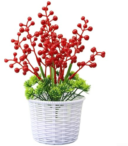 ZWEquipint Pianta di agrifoglio artificiale con bacche rosse, fiori finti in vaso di plastica da 15 cm, per decorazioni natalizie per la casa, centrotavola per matrimoni e oggetti di scena fotografici