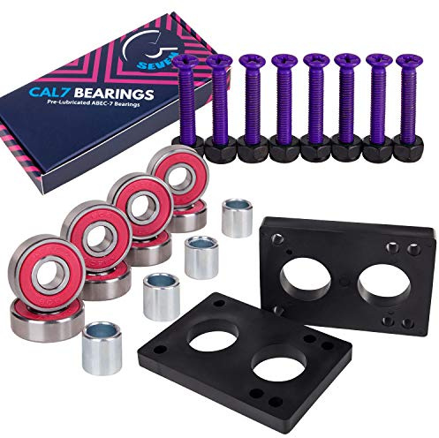 Cal 7 Skateboard Bundle 1.25 Steel Hardware, 1/4 Riser Pads, and ABEC-7 Premium Bearings and Spacers (Purple)