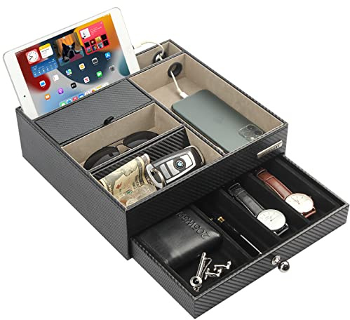 JackCubeDesign Multifunktionaler Nachttisch Schwarz Leder Schmuck Box Fangen Alle Valet Tray Organizer Aufbewahrungskoffer Tablett mit Schublade und Ladeloch (Schwarz, 28 x 27 x 8,9 cm) -: MK389A