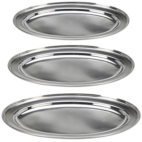 BAKAJI Juego 3 Platos de Servir de Acero Inoxidable Plato Bandeja Ovalada para Pescado Carne Contorni diámetro 35/40/45 cm