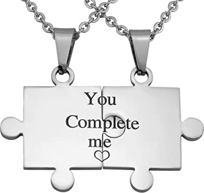Hanessa 2 Stück Personalisierte Kette mit Gravur Edelstahl 50 cm mit Anhänger You complete me Puzzle Teil in silber - Personalisierte Geschenke für Damen Herren Freundin Freund - Partner Halskette