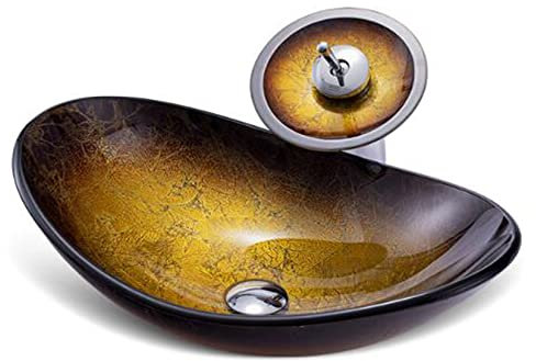 XMZFQ Badezimmer Künstlerische Schiff sinken gehärtetes Glas Becken über Gegen Waschbecken Vanity Bowl mit Wasserfall-Hahn & Pop-up-Ablaufgarnitur,Braun