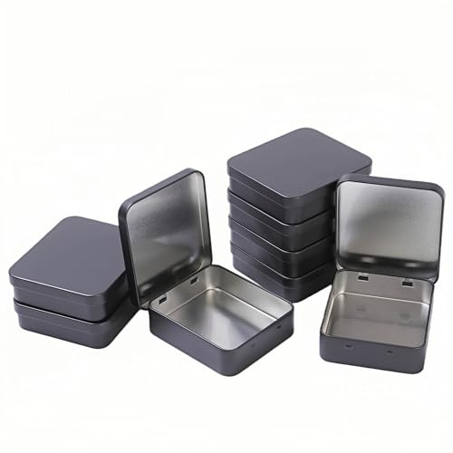 LJY 8 Pack Empty Rectangular Black Metal Storage Organizer Tins with Hinged Lids for Gifts & Treasures (3.7 x 3.3 x 1 inch)