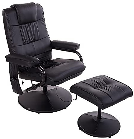 HOMCOM Relaxsessel mit Hocker, 360°drehbarer Fernsehsessel mit Massage, Liegefunktion, Massagesessel mit Seitentasche, TV-Sessel aus Kunstleder für Wohnzimmer Schwarz