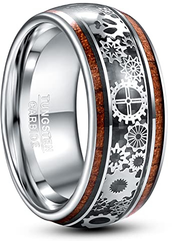 TUNGSTORY Wolfram Ring Herren 10mm Schwarz/Silber Steampunk Zahnräder Ring mit Holz Männer Ehering