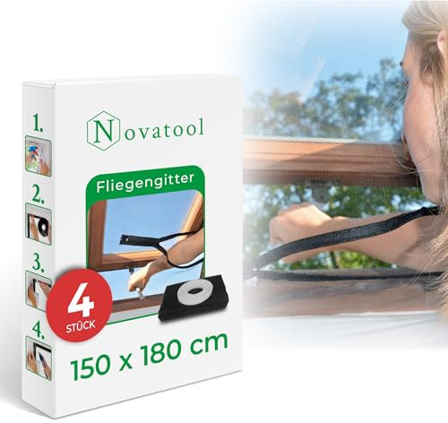 Novatool Fliegengitter Dachfenster ohne Bohren 180x150 anthrazit 4 Stück individuell kürzbar Insektenschutz Fliegennetz Fensternetz Mückennetz Mückengitter Fenstergaze