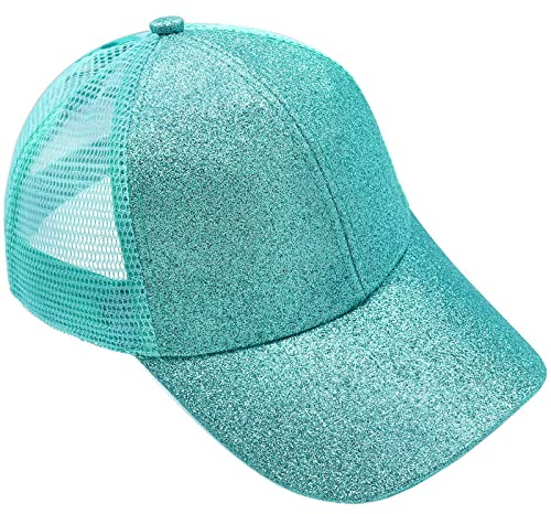 YeeHeen Baseball Cap for Girls Criss Cross Ponytail Baseball Hats Rainbow Glitter Sun Cap Lake Green