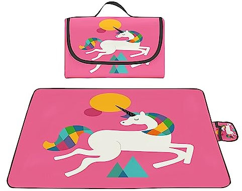 Picknickdecke 200x200cm,XXL Picknickdecke mit Wasserdichter Unterseite,Outdoor Stranddecke Sandfrei,mit Tragegriff Faltbare Picnic Blanket für Camping,Strand,Park,Familie,Konzerte Rosa Cartoon-Einhorn