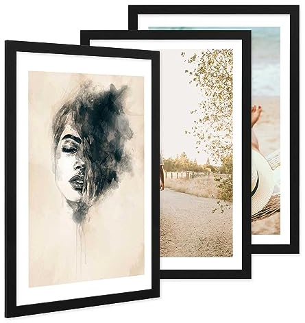 PHOTOLINI Bilderrahmen 40x60 Schwarz Holz MDF, 3er Set breite 40x60 cm Bilderrahmen mit bruchsicheres Acrylglas, Rahmen 60x40 schwarz zum Aufhängen & Zubehör - Fotorahmen als stilvolle Wanddekoration