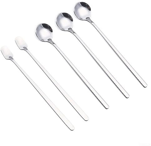 DAZZLEEX Juego de cucharas cuadradas, 5 cucharillas de mango largo para mezclar, helado, café y más, utensilios de cocina de acero inoxidable, color plateado