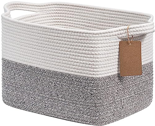 Cotton Rope Storage Basket for Organizing 1Pack, Woven Baskets for Storage, Small Laundry Basket for Toys, Towels, Books, Decorative Closet Shelf Baskets for Bathroom, Bedroom, 33x25x22.5cm, Grey
