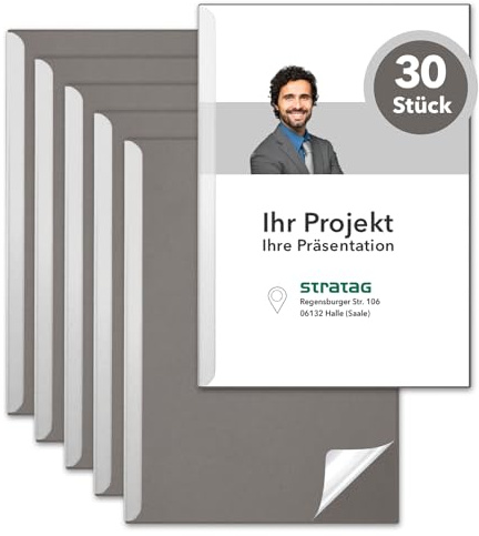 STRATAG Klemmschienen-Set (30 Stück) mit transparentem Deckel aus PP Kunststoff sowie Binderücken aus stabilem 350 g/m² Karton (Klemmmappe A4 Grau Steingrau)