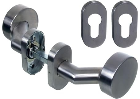 NAJDER Doppelseitiger Türknauf, Fester Türknopf aus Edelstahl, Flacher Türknauf mit Biegung und Ovalrosette, Edelstahl A2-AISI 304, mit 2 Schildern für Knöpfe und Schlösser