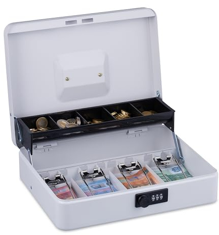 Relaxdays Caja Dinero, Combinación 3 Números, Bandeja para Monedas y 4 Espacios para Billetes, Cajita Efectivo, Blanco