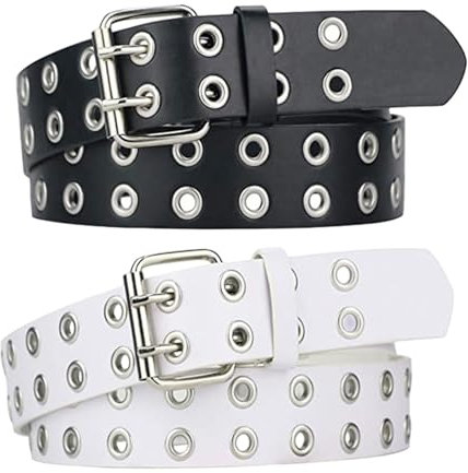 MIVAIUN 2 Stück Doppelloch Nietengürtel, PU Ledergürtel Mit Punk Style Cosplay Hip Hop Rock, für Jeans, Hosen, Gothic, Rockwear, Damen Und Herren (Schwarz, Weiß)