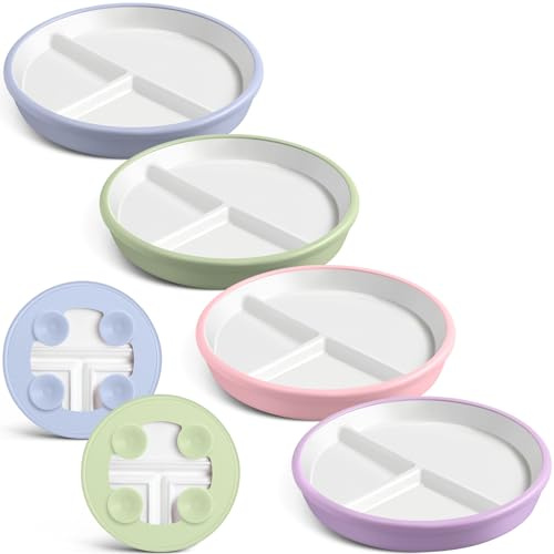 Domensi 4 Pcs 8 Large Porcelain Kids Plates with Anti-slip Silicone Sleeve Ceramic Divided Plate with Suction for Toddler Eating Microwave Dishwasher Friendly (Blue,Green,Purple,Pink)