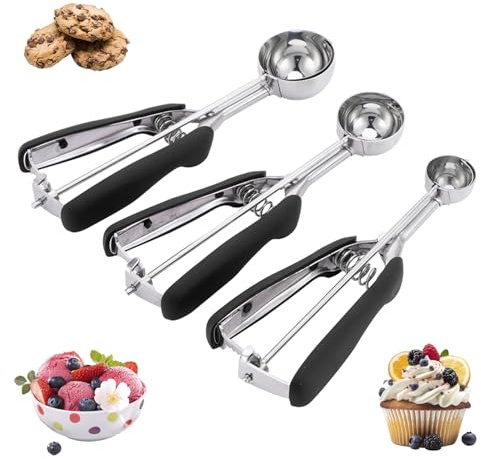 3 Stück Eisportionierer Set, 3/4/5 cm Edelstahl Eiskugelportionierer Ice Cream Scoop Eisportionierer mit Auslöser Keksportionierer Speiseeislöffel für Eiscreme, Kartoffelpüree, Obst (Schwarz)
