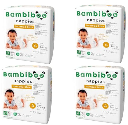 Bambiboo Set 4 x 18 Hautfreundliche Babywindeln mit weicher Bambusfaser für Babys - Baby Windeln - Windeln Wegwerfwindeln - Schutz für Haut - Sehr Saugfähig - Größe 4 (maxi), 72 Stück