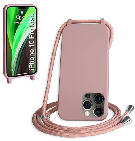 WenBaby Cover Compatible con iPhone 15 Pro Max,Cellulare Girocollo Custodia con Cordino TPU Corda Silicone Case Bumper per iPhone 15 Pro Max Custodia, Rosa sabbia