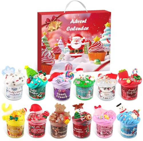 Adventskalender Kinder Mädchen Slime Adventskalender 12 Schleime mit Weihnachtsmotiven und 12 Pakete mit Schleim-Dekorationsteilen Weihnachts Countdown Kalender für Kinder Jungen Mädchen