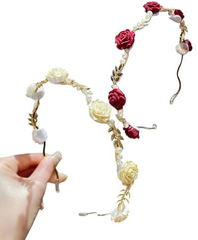 KGDUYC 2 Stück Rose Damen Perlen Haarband - Blumenkranz Haare Kinder Haarreifen mit Blumen Mädchen Eleganter Haarschmuck,für Partys,Feste,Hochzeiten,Reisen