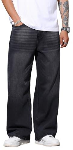 DFGIGT Mens Wide Leg Baggy Jeans Y2k Casual Fashion Loose Denim Pants Work Office Streetwear, B10 Black, Large