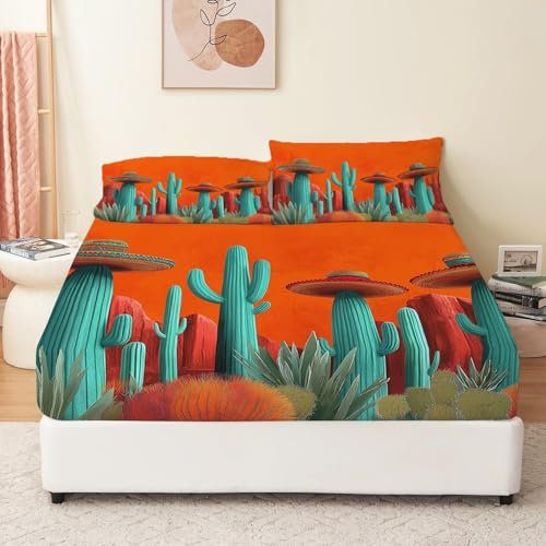 Weiche Atmungsaktivem Grün Orange Bedruckte Spannbettlaken tiefen Taschen 30 cm hohe Matratzen, Einfachheit Wüste Kaktus Spannbettlaken, 140 x 200 cm Gebürstete Mikrofaser Bettlaken