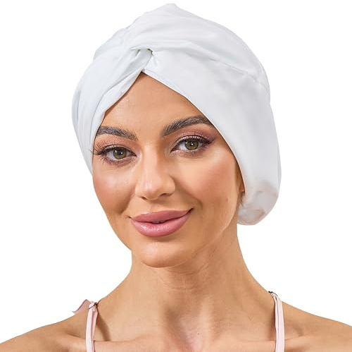 Adjustable Silk Satin Bonnet for Sleeping Hair Wrap, Double Layer Sleep Cap, Night Turban for Large Long Curly Braid Women Men Hair - Pure White
