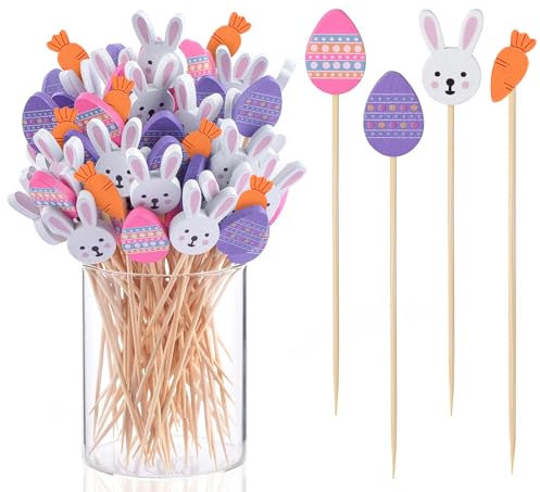 Hangsky 100 Piezas Palillos de Cóctel Pascua, Palillos para Aperitivos, Brochetas de Cóctel de Madera, Palillo de Frutas, para Aperitivos y Aperitivos, Decoración de Cócteles (A)