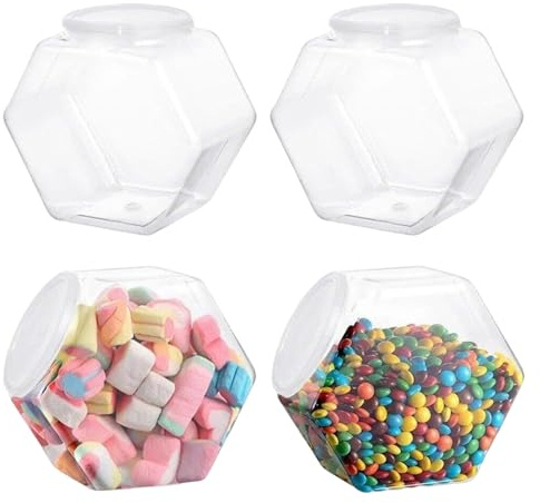 Muzrunq Sweet Jars, 4PCS 850ML Clear Plastic Jars with Lids, Wide Mouth Hexagon Cookie Jar, Reusable Sweet Jars for Candy Buffet, Jelly Beans, Cookies, Cereal, Snack