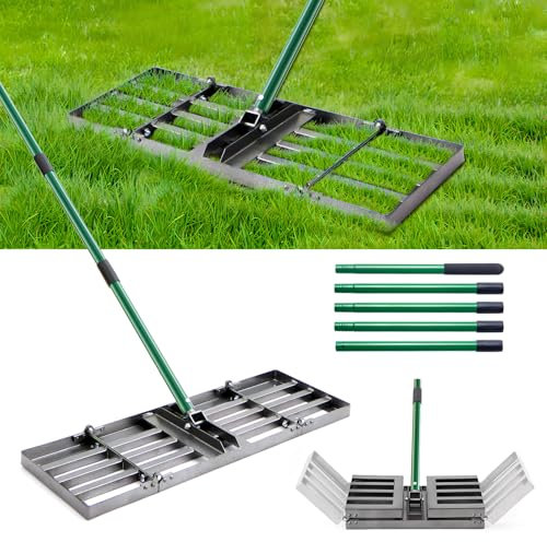 30x10 Lawn Leveling Rake, Heavy Duty Lawn Leveler with 33-77 Adjustable Handle, Foldable Ground Leveling Tool for Soil, Sand, Gravel, Ergonomic Design for Lawns, Golf Courses and Backyards