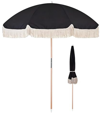 Strandschirm mit Fransen Ø 200 cm, Schwarzer Boho Sonnenschirm, Gartenschirm für Terrasse, Pool, Tisch und Terrasse